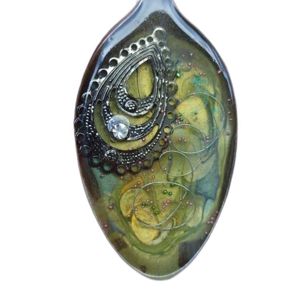 Vintage Handmade Silver Bent Spoon Resin Pendant 2.75"